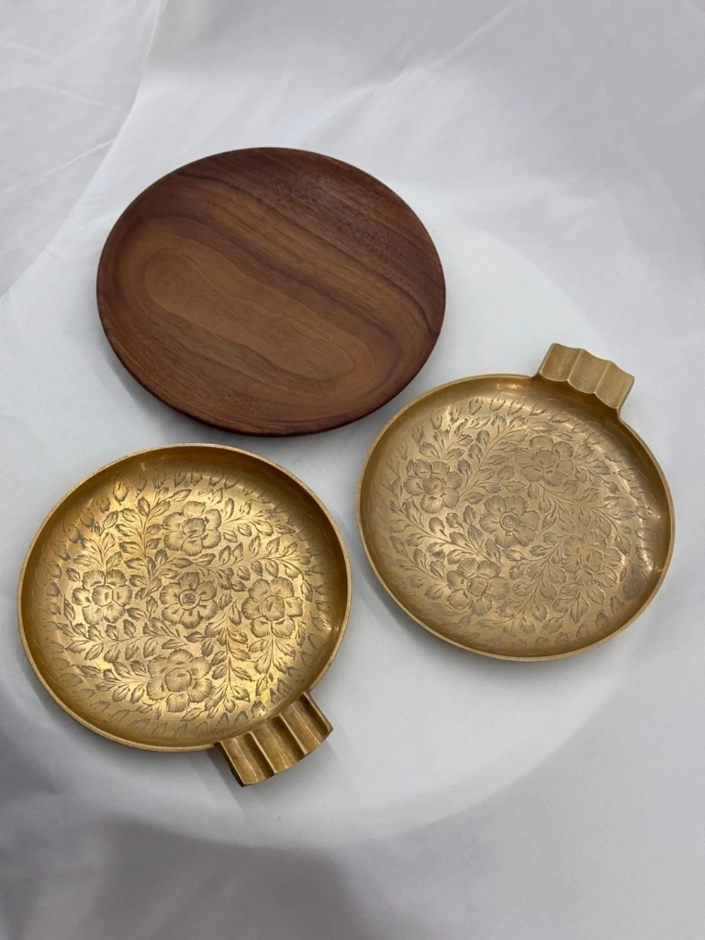 MCM Boho Decor Vintage Etched Brass Floral Ashtray & Walnut Wood Trinket Dish